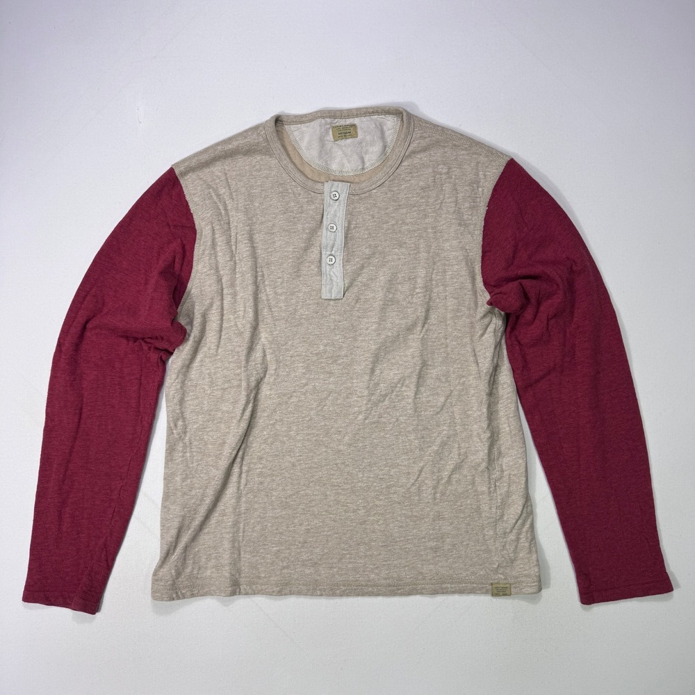 Lucky Brand Mens Henley Shirt Medium Beige Red Raglan Long Sleeve Casual Top